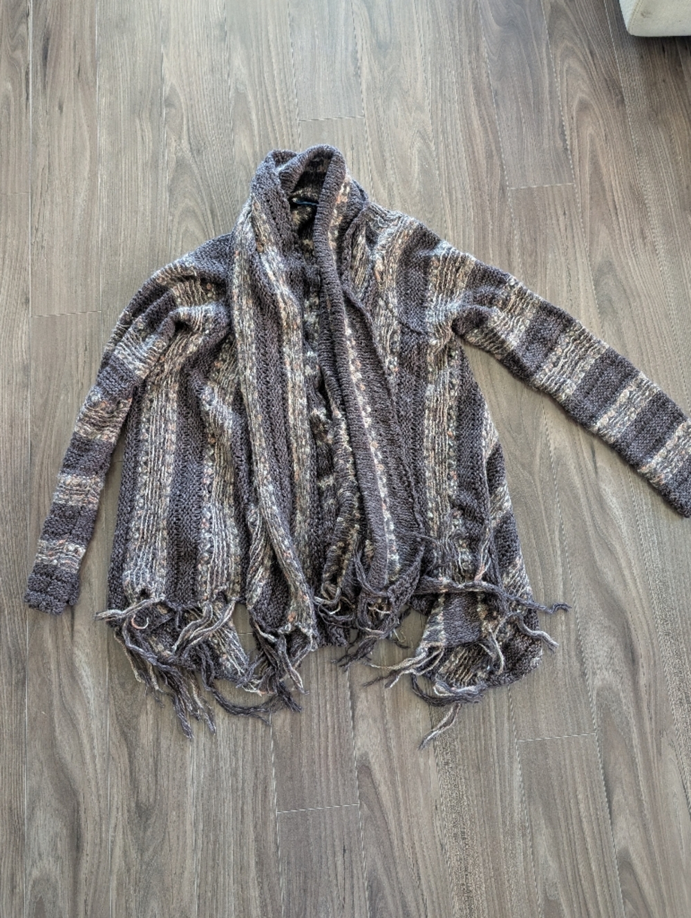 Free People Cozy Open-Front Fringe Cardigan Sweater in Brown Mix (Size Large)